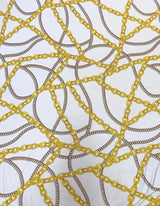 Gold Chains Print Polyester Spandex Fabric - Gold Chain Print, Navy, White, 58-60 Inches Wide