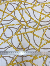 Gold Chains Print Polyester Spandex Fabric - Gold Chain Print, Navy, White, 58-60 Inches Wide