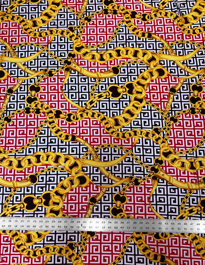 Abstract Chain Design Polyester Spandex Fabric - Red/Gold, White/Gold, Fuchsia/Gold, Abstract Chain Pattern, 58" Width