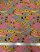 Abstract Chain Design Polyester Spandex Fabric - Red/Gold, White/Gold, Fuchsia/Gold, Abstract Chain Pattern, 58" Width