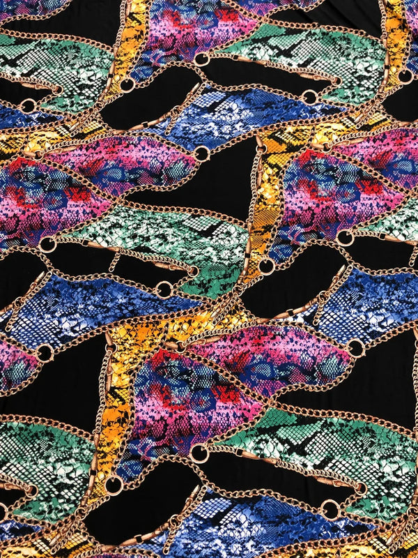Colorful Animal Print W/ Chains On Black Polyester Spandex Fabric - Black, Animal Print, 58 To 60 Inches Wide