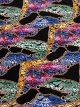 Colorful Animal Print W/ Chains On Black Polyester Spandex Fabric - Black, Animal Print, 58 To 60 Inches Wide