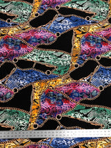 Colorful Animal Print W/ Chains On Black Polyester Spandex Fabric - Black, Animal Print, 58 To 60 Inches Wide