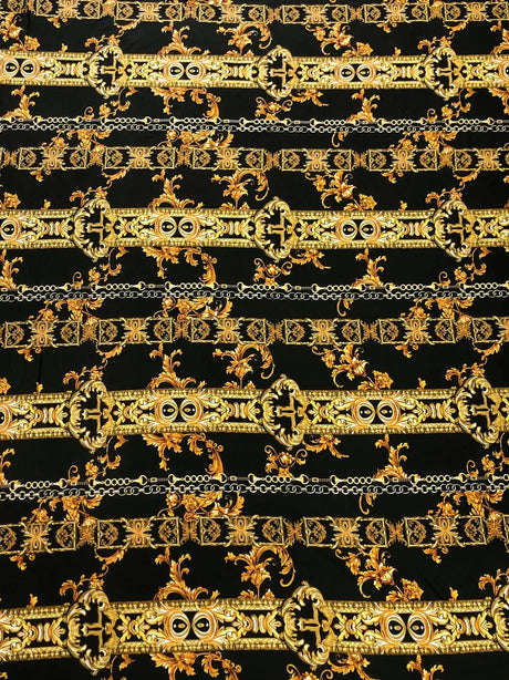 Gold Abstract Chains On Black Polyester Spandex Fabric - Black, Gold Abstract Chains, 58" To 60" Width