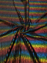 Rainbow Striped Lurex On Black Velvet Polyester Spandex Fabric - Rainbow Stripes, Black, 58" Width