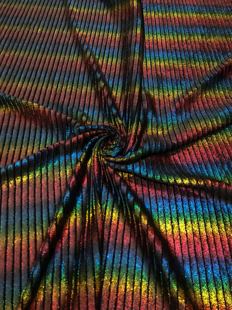Rainbow Striped Lurex On Black Velvet Polyester Spandex Fabric - Rainbow Stripes, Black, 58" Width