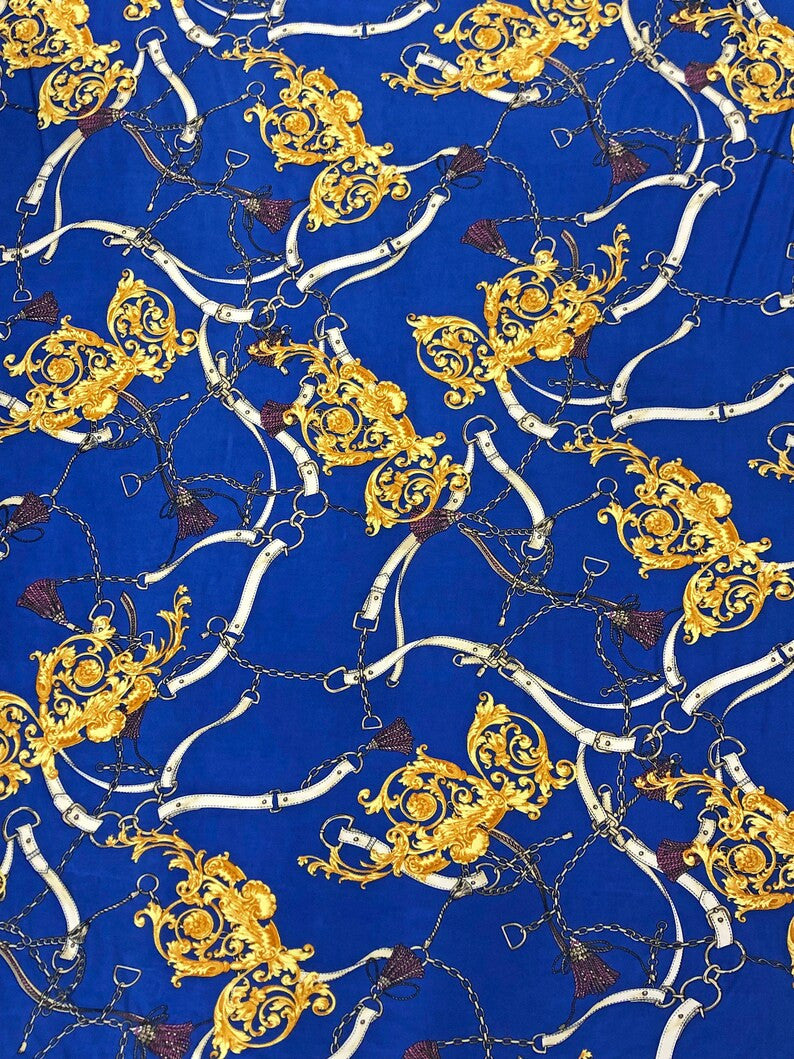 Gold Chain Belt Abstract Design Polyester Spandex Fabric - Royal/Gold, Dark Navy/Pink, 58" Width