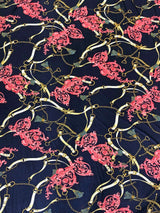 Gold Chain Belt Abstract Design Polyester Spandex Fabric - Royal/Gold, Dark Navy/Pink, 58" Width