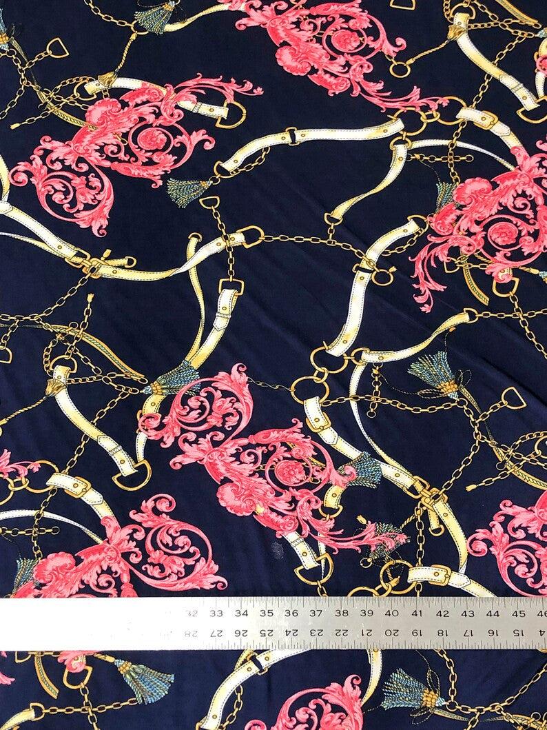 Gold Chain Belt Abstract Design Polyester Spandex Fabric - Royal/Gold, Dark Navy/Pink, 58" Width