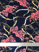 Gold Chain Belt Abstract Design Polyester Spandex Fabric - Royal/Gold, Dark Navy/Pink, 58" Width