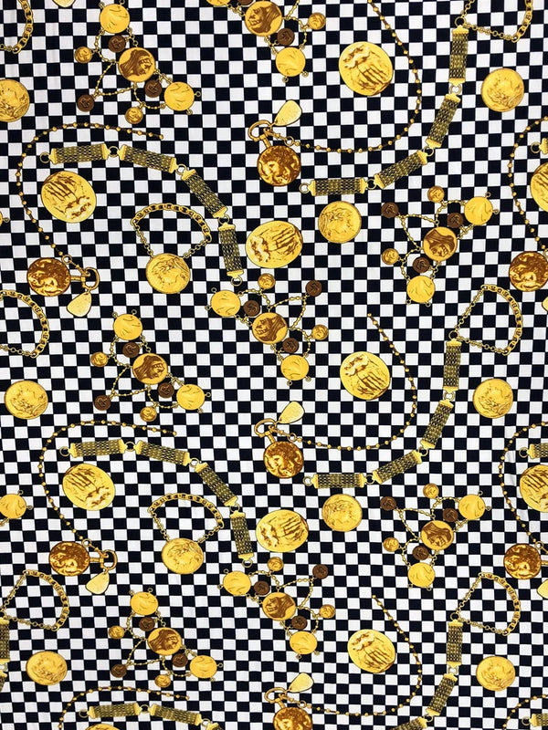 Checked W/ Gold Coins Print Polyester Spandex Fabric - Checked Gold Coins Print, 58"-60" Width