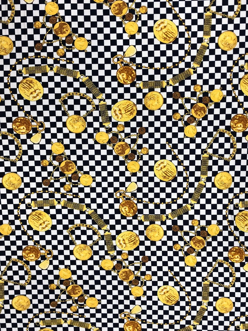 Checked W/ Gold Coins Print Polyester Spandex Fabric - Checked Gold Coins Print, 58"-60" Width