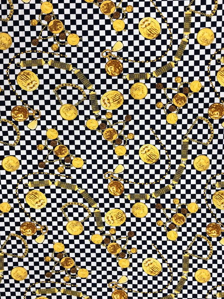 Checked W/ Gold Coins Print Polyester Spandex Fabric - Checked Gold Coins Print, 58"-60" Width