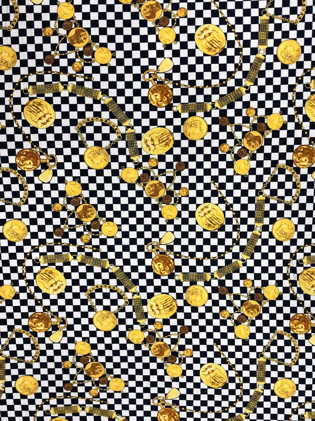 Gold Coins With Checkers Print Polyester Spandex Fabric - Checkers Print, Gold, 58" Width