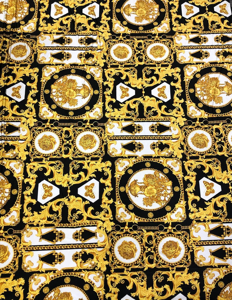 Gold Abstract Print Polyester Spandex Fabric - White, Green, Pink, Royal Abstract Print, 58"-60" Width