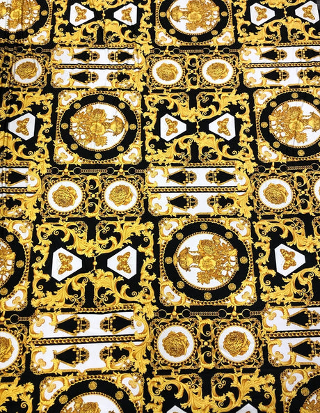 Gold Abstract Print Polyester Spandex Fabric - White, Green, Pink, Royal Abstract Print, 58"-60" Width