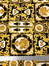 Gold Abstract Print Polyester Spandex Fabric - White, Green, Pink, Royal Abstract Print, 58"-60" Width