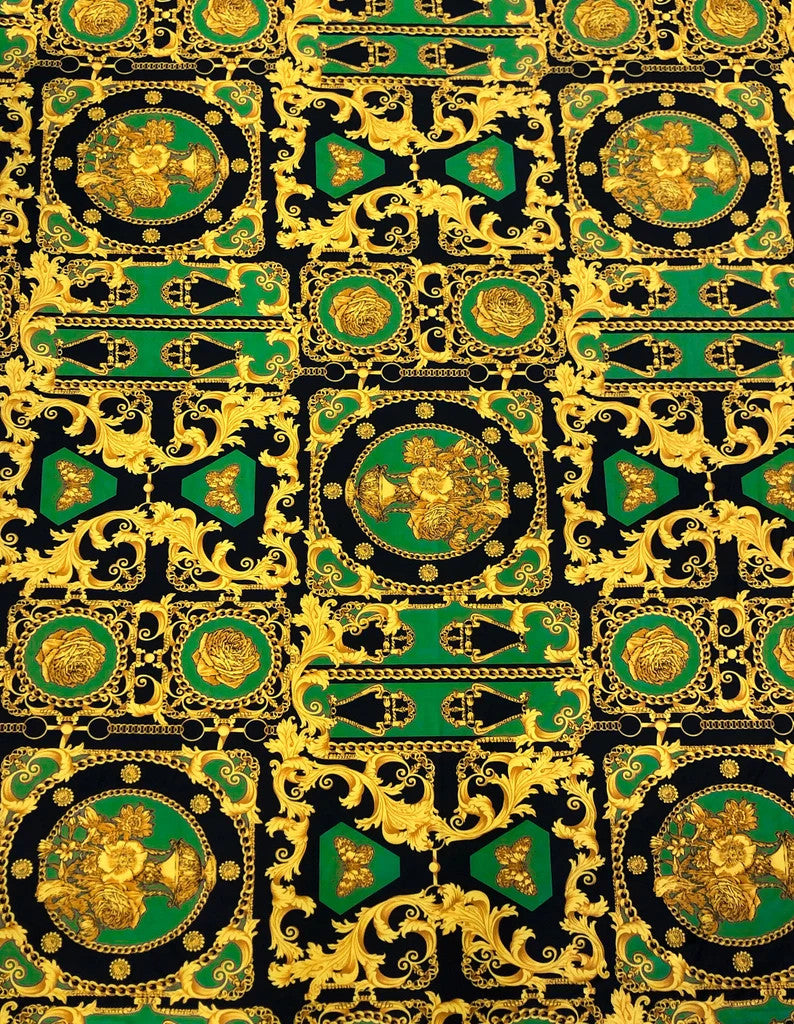 Gold Abstract Print Polyester Spandex Fabric - White, Green, Pink, Royal Abstract Print, 58"-60" Width