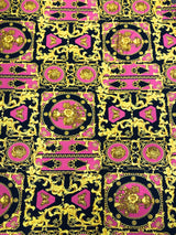 Gold Abstract Print Polyester Spandex Fabric - White, Green, Pink, Royal Abstract Print, 58"-60" Width