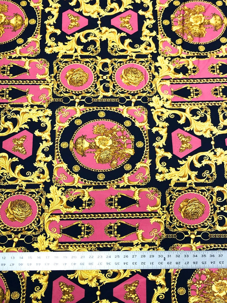 Gold Abstract Print Polyester Spandex Fabric - White, Green, Pink, Royal Abstract Print, 58"-60" Width