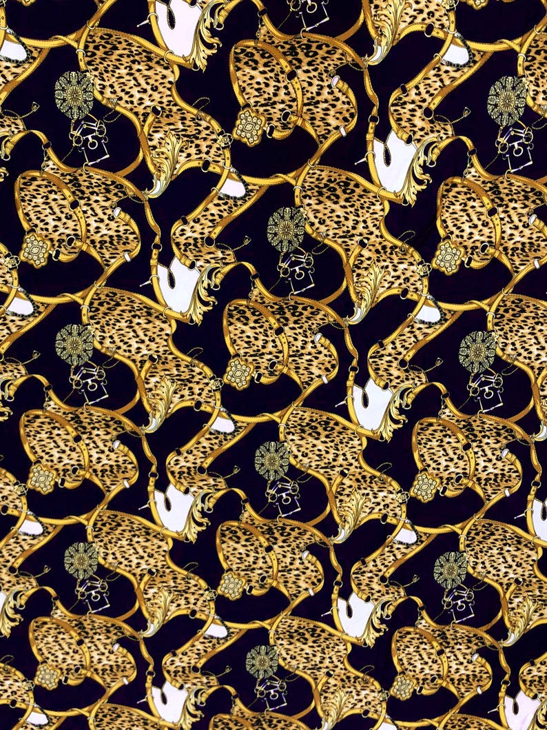 Big Animal Gold Belt Print Polyester Single Spun Fabric - Navy Background, Animal Print, 58"-60" Width (1 Yard)
