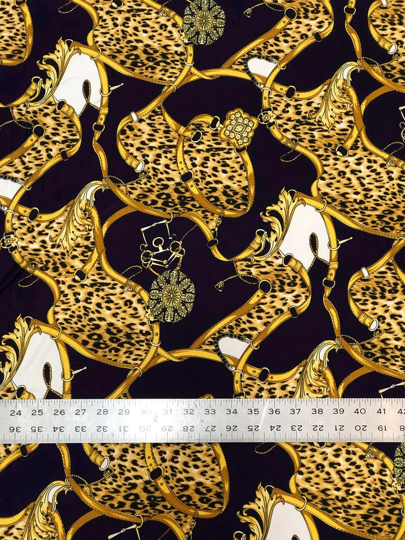 Big Animal Gold Belt Print Polyester Single Spun Fabric - Navy Background, Animal Print, 58"-60" Width (1 Yard)