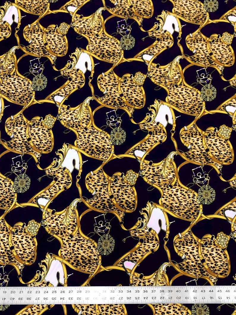 Big Animal Gold Belt Print Polyester Single Spun Fabric - Navy Background, Animal Print, 58"-60" Width (1 Yard)