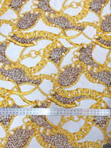 Gold Chains & Animal Print Polyester Spandex Fabric - White, Black, 58" Width