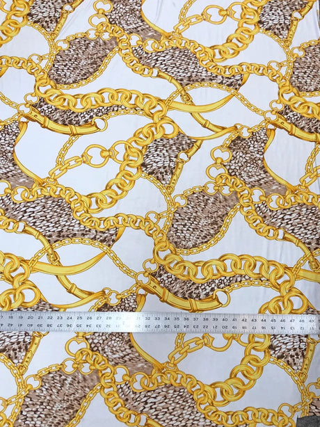Gold Chains & Animal Print Polyester Spandex Fabric - White, Black, 58" Width