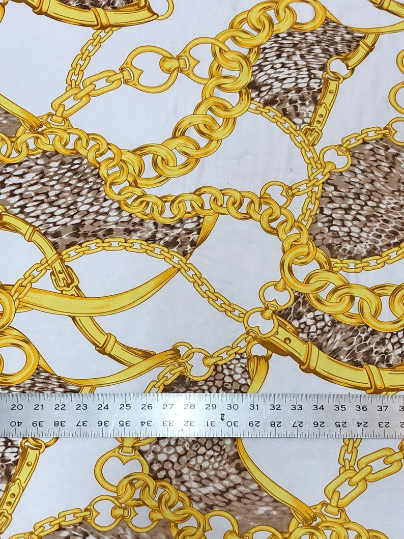 Gold Chains & Animal Print Polyester Spandex Fabric - White, Black, 58" Width