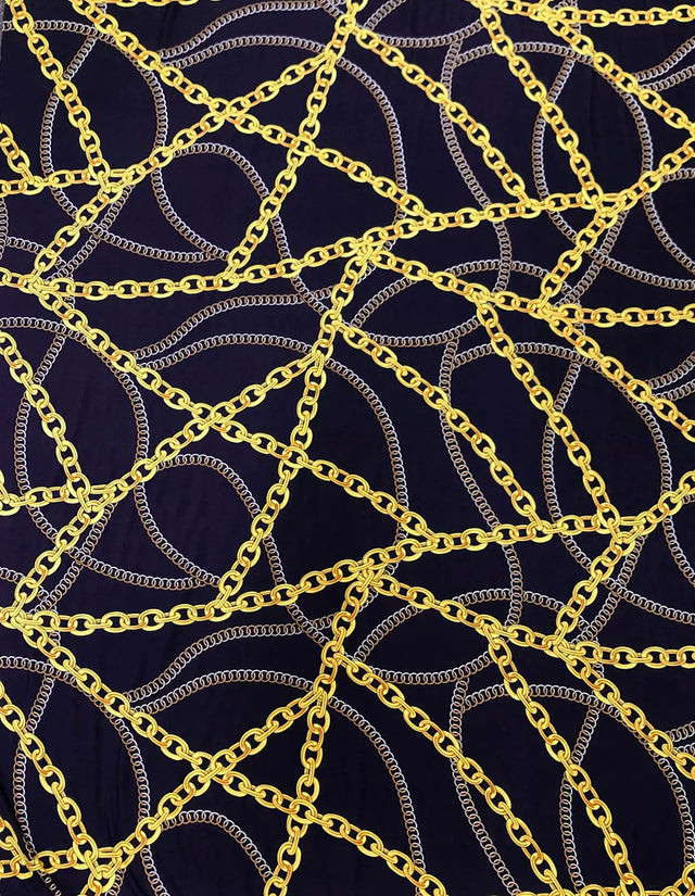 Gold Chains Print Polyester Spandex Fabric - Gold Chain Print, Navy, White, 58-60 Inches Wide