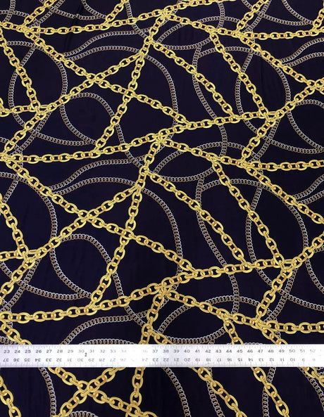 Gold Chains Print Polyester Spandex Fabric - Gold Chain Print, Navy, White, 58-60 Inches Wide