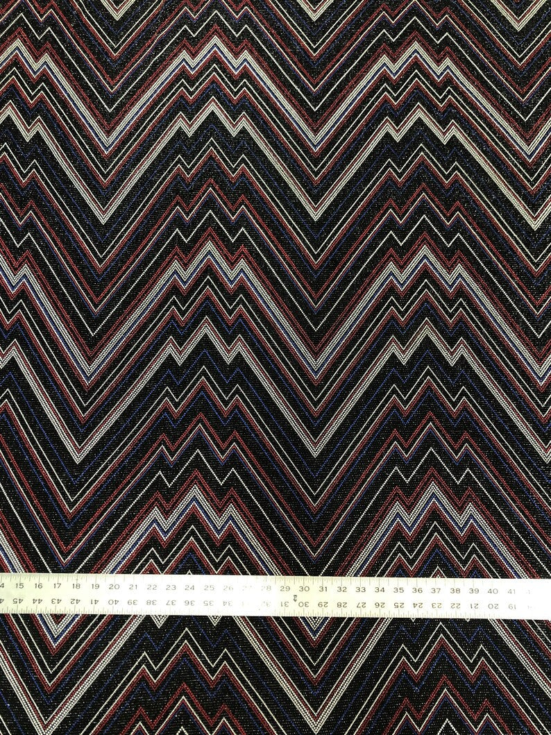 Zig Zag Print On Textured Jacquard Nylon Metallic Spandex Fabric - Black, Red, White, Blue, Zig Zag Print, 58"-60" Width