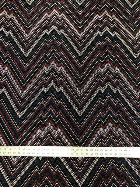 Zig Zag Print On Textured Jacquard Nylon Metallic Spandex Fabric - Black, Red, White, Blue, Zig Zag Print, 58"-60" Width