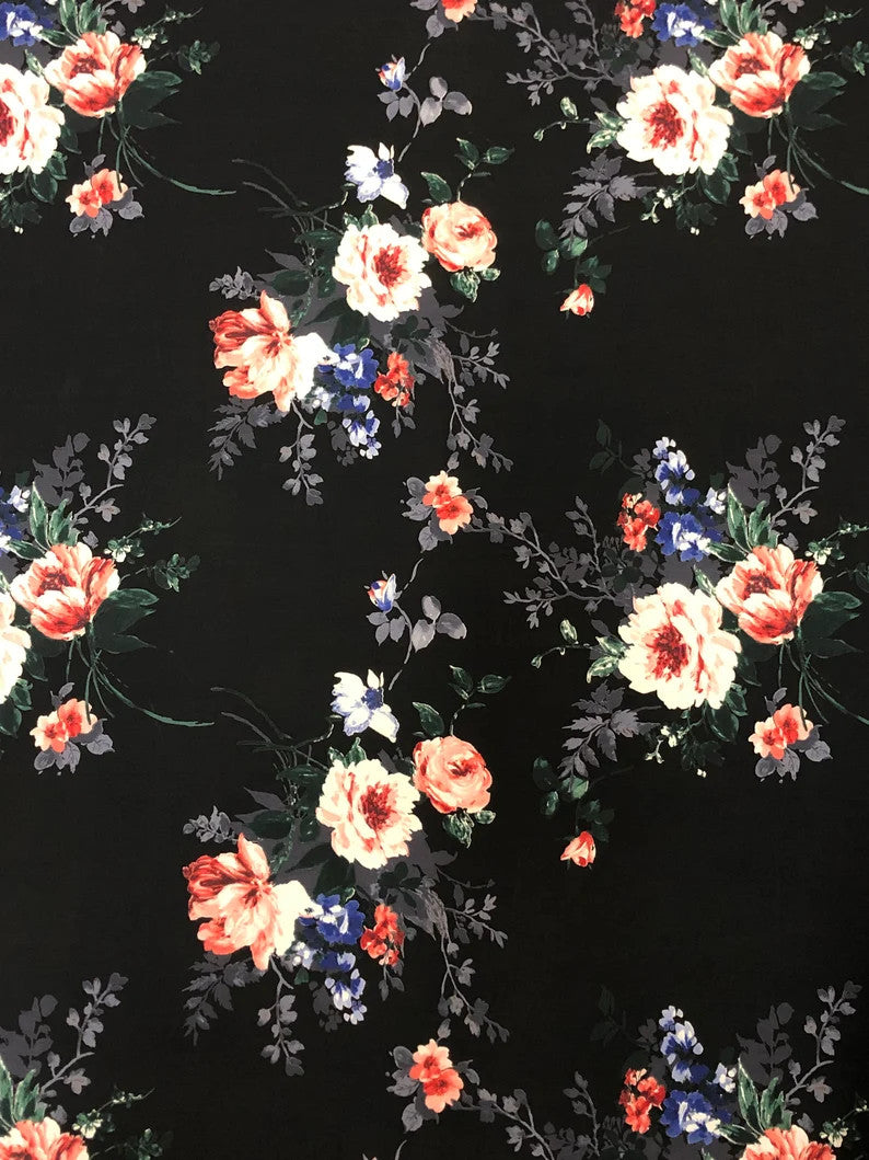 Big Floral Print Polyester Spandex Fabric - Black Floral Print, 58" Width
