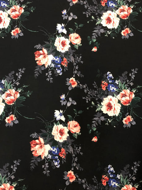 Big Floral Print Polyester Spandex Fabric - Black Floral Print, 58" Width