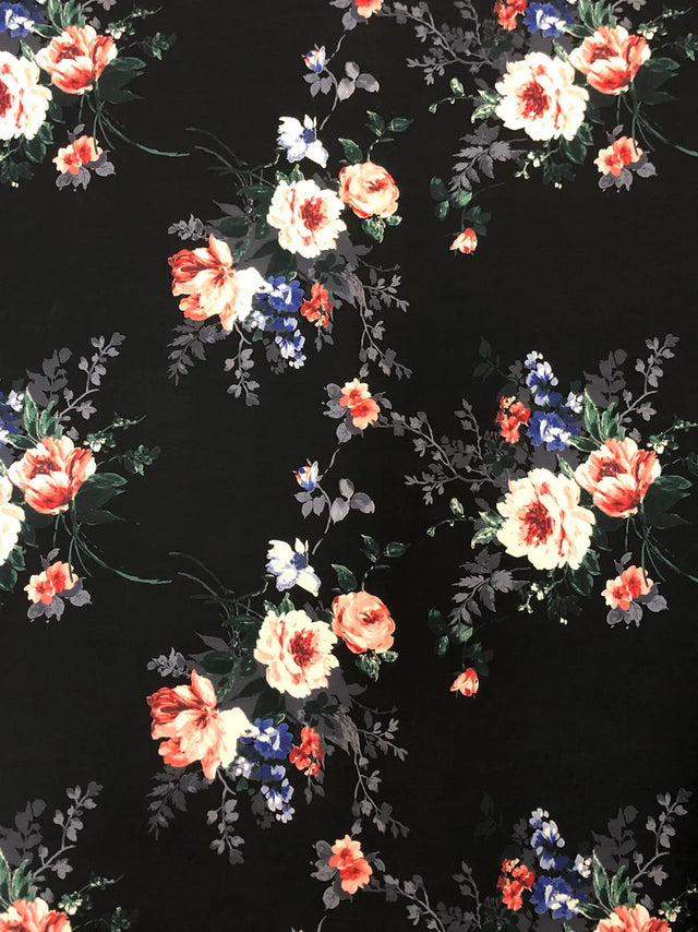 Big Floral Print Polyester Spandex Fabric - Black Floral Print, 58" Width