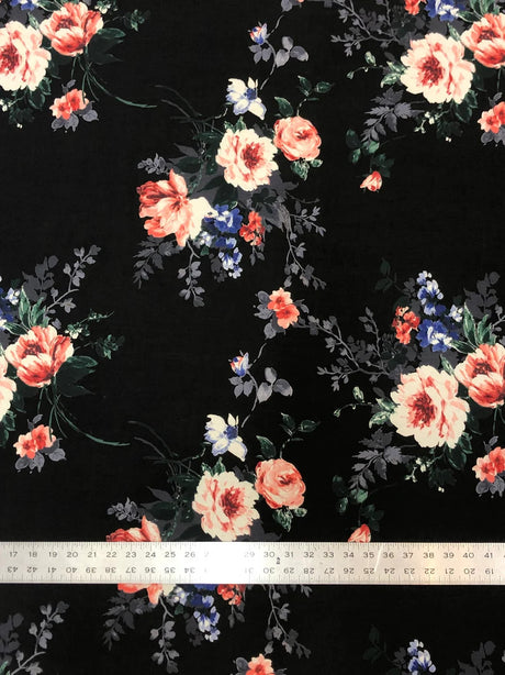 Big Floral Print Polyester Spandex Fabric - Black Floral Print, 58" Width