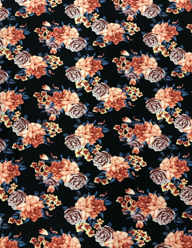Beautiful Floral Print On Black Polyester Spandex Bulgari Fabric - Black Floral Print, 58"-60" Width