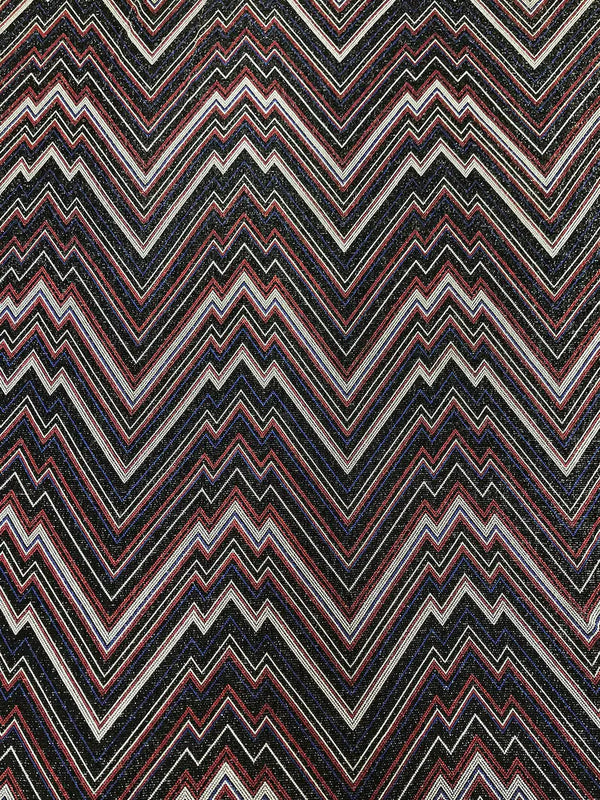 Zig Zag Print On Textured Jacquard Nylon Metallic Spandex Fabric - Black, Red, White, Blue, Zig Zag Print, 58"-60" Width