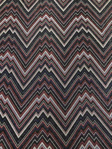 Zig Zag Print On Textured Jacquard Nylon Metallic Spandex Fabric - Black, Red, White, Blue, Zig Zag Print, 58"-60" Width