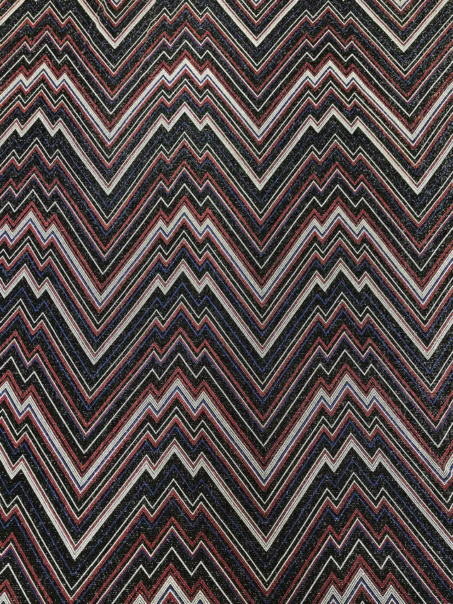 Zig Zag Print On Textured Jacquard Nylon Metallic Spandex Fabric - Black, Red, White, Blue, Zig Zag Print, 58"-60" Width