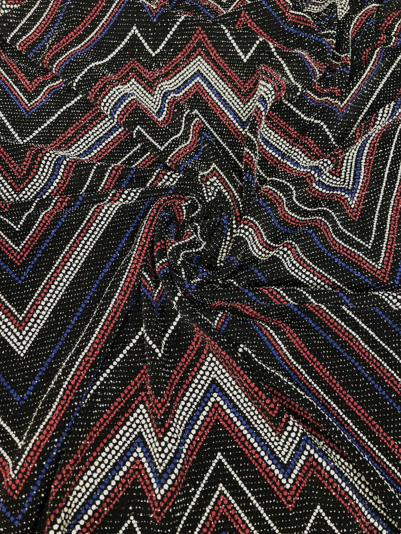 Zig Zag Print On Textured Jacquard Nylon Metallic Spandex Fabric - Black, Red, White, Blue, Zig Zag Print, 58"-60" Width
