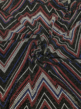 Zig Zag Print On Textured Jacquard Nylon Metallic Spandex Fabric - Black, Red, White, Blue, Zig Zag Print, 58"-60" Width
