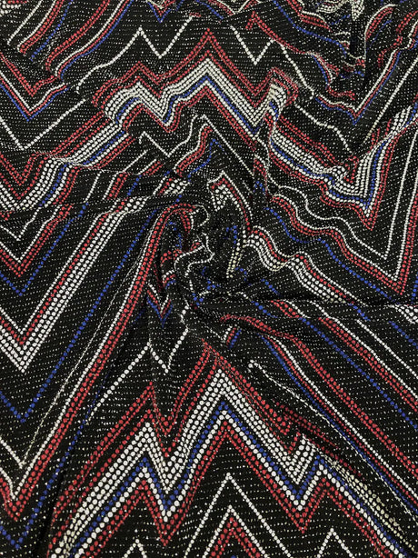 Zig Zag Print On Textured Jacquard Nylon Metallic Spandex Fabric - Black, Red, White, Blue, Zig Zag Print, 58"-60" Width