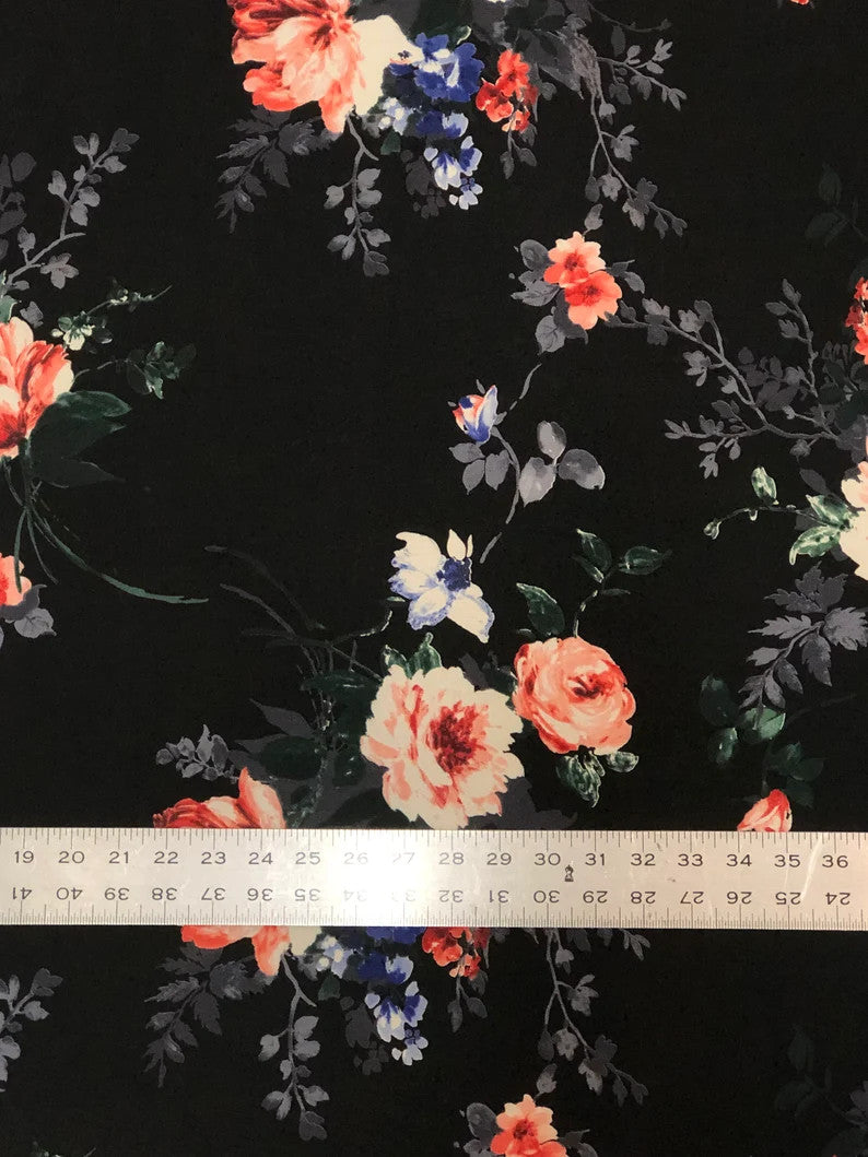 Big Floral Print Polyester Spandex Fabric - Black Floral Print, 58" Width