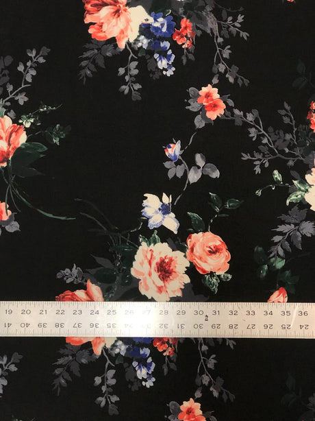 Big Floral Print Polyester Spandex Fabric - Black Floral Print, 58" Width