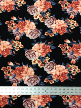 Beautiful Floral Print On Black Polyester Spandex Bulgari Fabric - Black Floral Print, 58"-60" Width