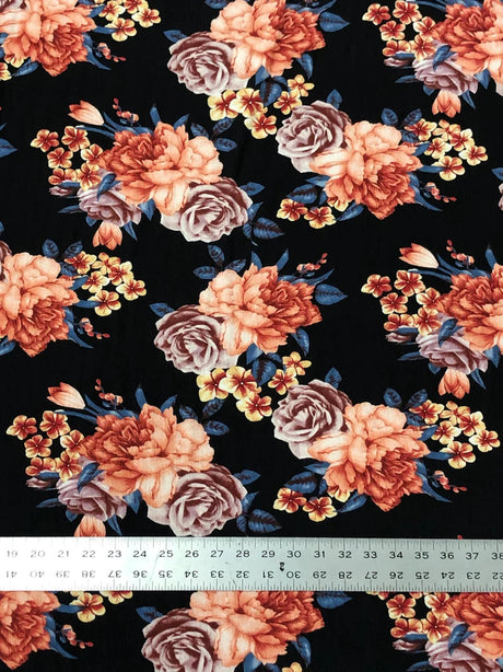 Beautiful Floral Print On Black Polyester Spandex Bulgari Fabric - Black Floral Print, 58"-60" Width