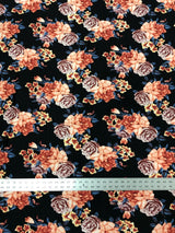Beautiful Floral Print On Black Polyester Spandex Bulgari Fabric - Black Floral Print, 58"-60" Width